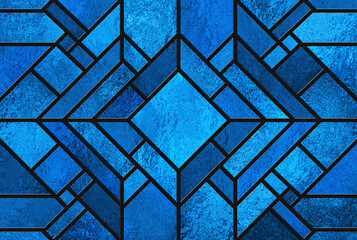 Sketch of a blue stained glass window. Abstract stained-glass background. Grey colors. Art Deco decor for interior. Vintage. Geometric traditional pattern. Squares and lines. Luxury modern interior.