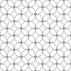 Naklejka premium Seamless vector monochrome pattern of geometric shapes, lines, circles and rhombuses.Abstract seamless vector black pattern in linear style isolated on white background.A versatile black and white