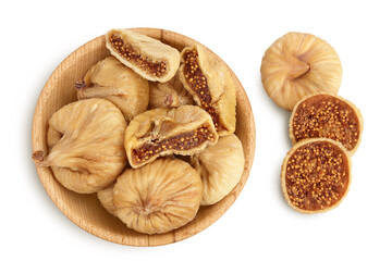 dried fig in wooden bowl isolated on white background with clipping path and full depth of field....