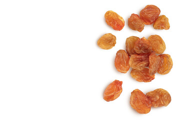 Brown raisin isolated on white background with clipping path. Top view with copy space for your text. . Flat lay