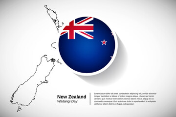 Waitangi day of New Zealand. Creative country flag of New Zealand with outline map illustration