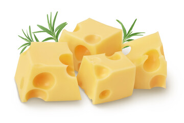 cubes of cheese isolated on white background with clipping path and full depth of field