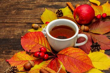 Hot tea with colorful autumn leaves, acorns, cinnamon and rosehip berries