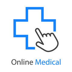 Logotipo con texto Online Medical con cruz y mano como cursor de mouse con lineas en color azul y gris