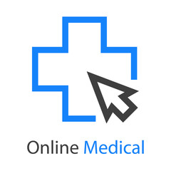 Logotipo con texto Online Medical con cruz y flecha de mouse con lineas en color azul y gris