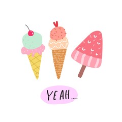 yeah. cartoon ice cream, hand drawing lettering. Summer colorful vector illustration, flat style. design for cards, print, posters, logo, cover