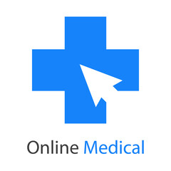 Logotipo con texto Online Medical con cruz y flecha de mouse en color azul