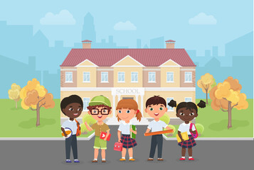 Obraz na płótnie Canvas Children students stand in front of school building vector illustration. Cartoon diverse group of kids ready to learn and study, funny little girl boy child characters standing together background