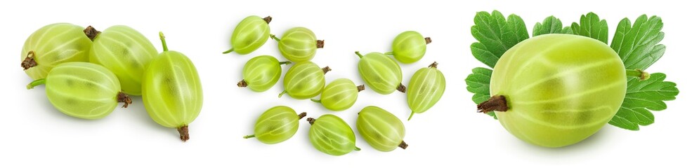 Green gooseberry isolated on white background. Set or collection