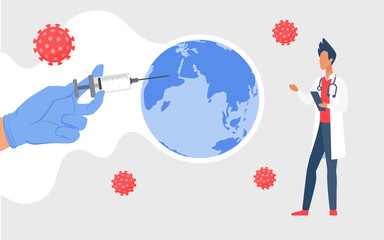 Coronavirus global vaccination, stop world viral infection concept vector illustration. Cartoon doctor hand holding dose of vaccine in syringe injection and needle pointing to Africa background