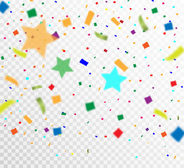 Lots of colorful tiny confetti and ribbons on transparent background. Festive event and party. Multicolor background.Colorful bright confetti isolated on transparent background