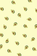 Pattern, textiles, coloring. Seamless pattern with avocados. Half a avocados. Summer and paradise background. Wallpaper, print, wrapping paper, modern textile design, banner