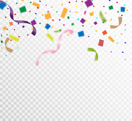 Lots of colorful tiny confetti and ribbons on transparent background. Festive event and party. Multicolor background.Colorful bright confetti isolated on transparent background