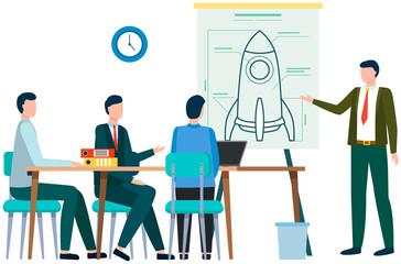 Man showing business presentation on screen. Team working with startup, business development. Entrepreneurs discussing future spaceship. Employee demonstrates to investors model of new rocket