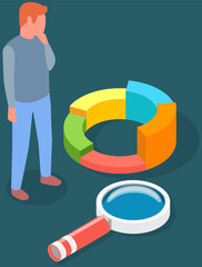 Visualize with business analytics. People work with statistical data analysis, changing indicators. Employees analyze statistical indicators, business data. Characters work with marketing research