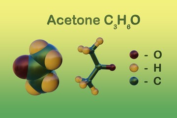 Structural chemical formula and molecular model of acetone or propanone, used in manufacture of plastics, rubber, lacquers, resins and other industrial products. 3d illustration