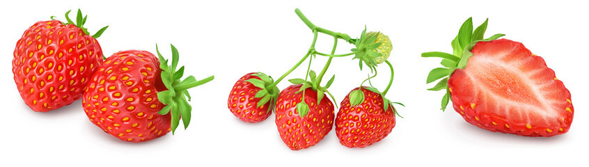 Strawberry and half isolated on white background. Fresh berry with full depth of field. Set or collection