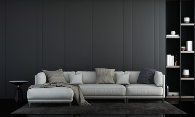 Modern living room interior design and white sofa and plants decoration and empty wall background, 3d rendering