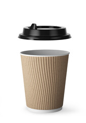 Disposable white paper hot drink coffee cup with black lid and kraft paper combo sleeve. Black plastic cover separately. 3d render.