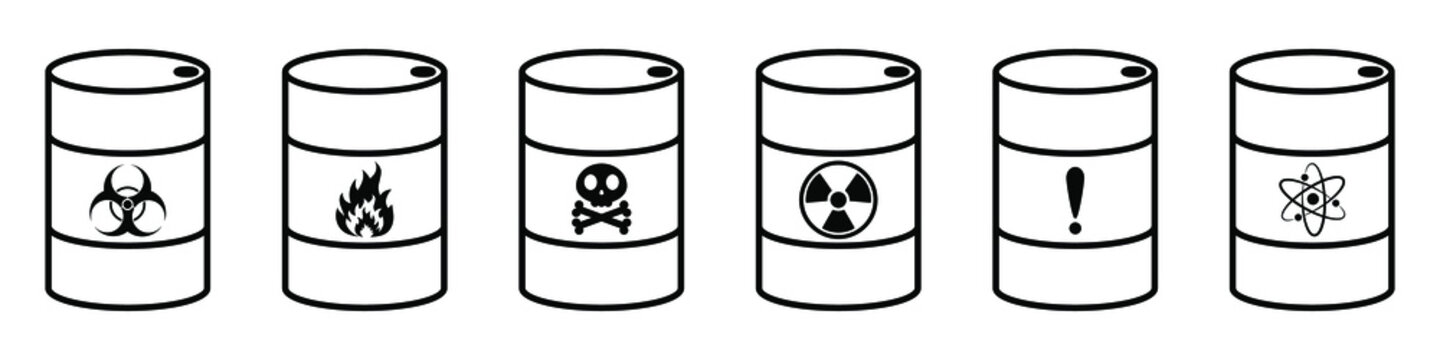 Barrel with hazardous substances. Vector illustration. Hazardous waste. Set of metal barrels.