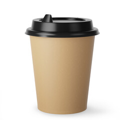 Disposable kraft paper coffee cup for hot drinks with black lid on white background. 3d render.