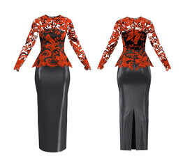 Fashion illustration front and back, black skirt and red lace top Traditional Cambodian clothing are for evening wear or wedding. The illustration brings realistic design detail such as fabric and zip
