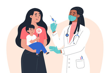 Obraz premium A female doctor in a mask and gloves makes a vaccine to a a child patient