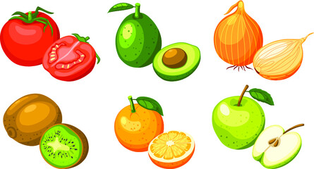 Vegetable and fruit slices icons set. Flat isometric vector icons for web isolated on white background.