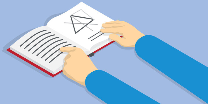 Businessman hands open book with symbols on pages. Man shows text on textbook page. Person reads book and studies information. Person points to open textbook in red cover vector illustration