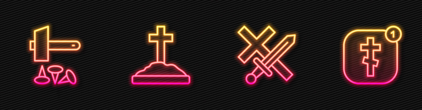 Set line Crusade, Crucifixion of Jesus Christ, Grave with cross and Online church pastor preaching. Glowing neon icon. Vector