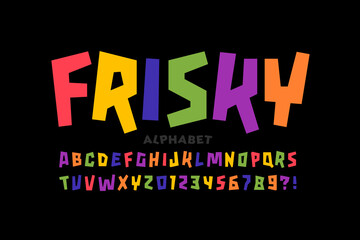 Fototapeta na wymiar Playful style font design, colorful childish frisky alphabet, letters and numbers vector illustration