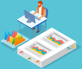 Visualize with business analytics. People work with statistical data analysis, changing indicators. Employees analyze statistical indicators, business data. Characters work with marketing research