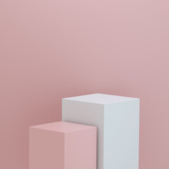 Minimalist podium for product display on pink background with space for text. Empty podium platform.
