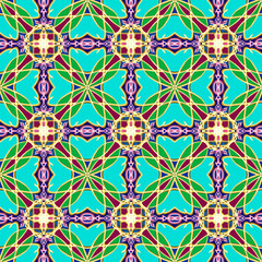 Seamless abstract geometric floral surface pattern in vivid colors repeating symmetrically. Use for fashion design, home decoration, wallpapers and gift packages.
