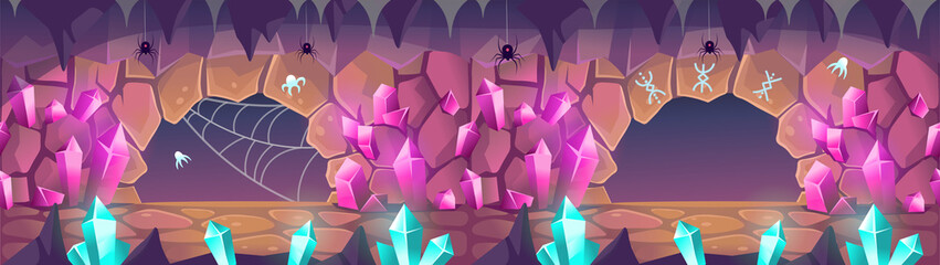 Fantasy cave with crystals, spiders and runes. Exit from the cave.Illustration in cartoon style for games. Seamless background.