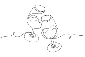 Continuous one line of wine glasses cheers in silhouette on a white background. Linear stylized.Minimalist.