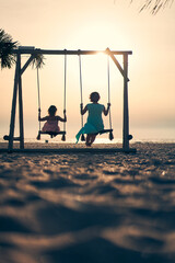 Two young attractive women swinging on seesaw on the beach at sunset.