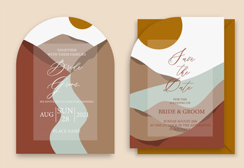 Wedding invitation set with mountains, river and fir-tree