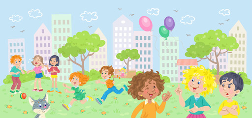 Happy children of different nationalities are walking in the city park. In cartoon style. Vector flat illustration.
