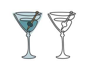 One line drawing martini glass with olive on white background. Two kinds colored cartoon graphic sketch and black white. Continuous line way. Hand drawn party drinks concept. Freehand drawing style