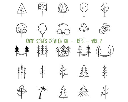 Set of linear icons of trees. Part 2