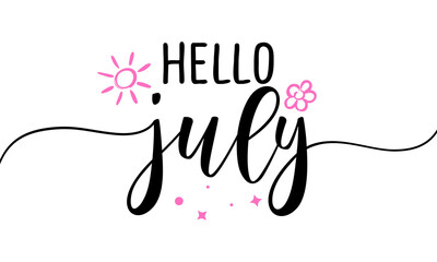 Hello July - Summer lettering, vector handwritten typography. Isolated calligraphy design on white background. © Zsuzsanna