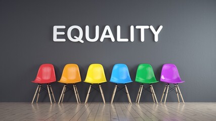 LGBT talk. Several chairs with the colors of the rainbow and the word equality on the wall. 