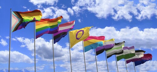 Several LGBT flags with the sky in the background. 