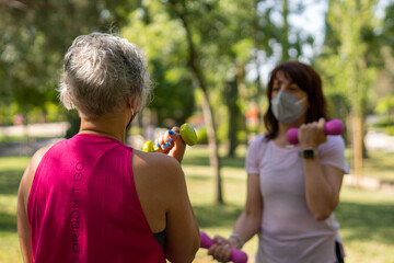 Fototapeta premium Two women exercising with dumbbells in a park