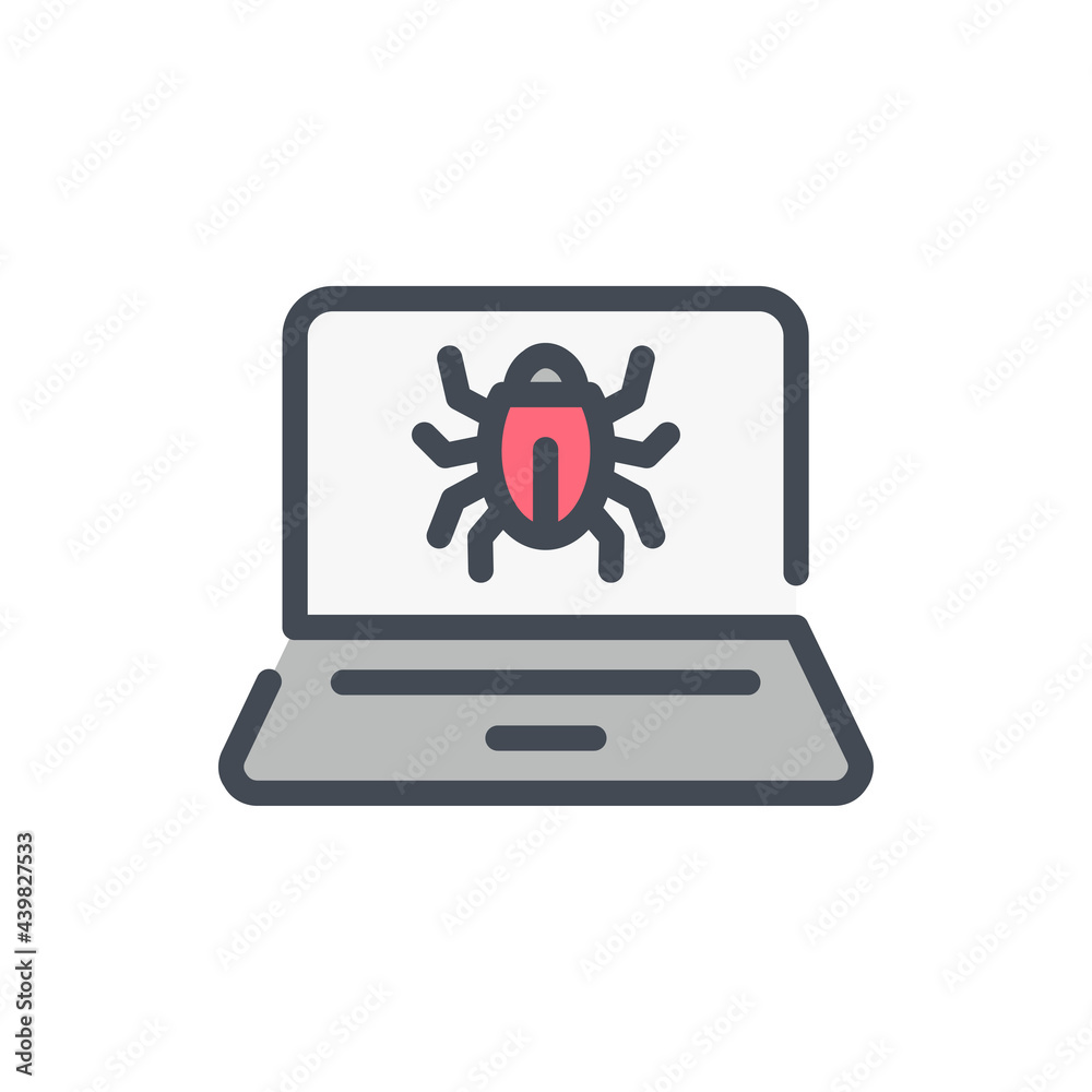 Poster virus and computer bug color line icon. laptop with bug on display vector outline colorful sign.