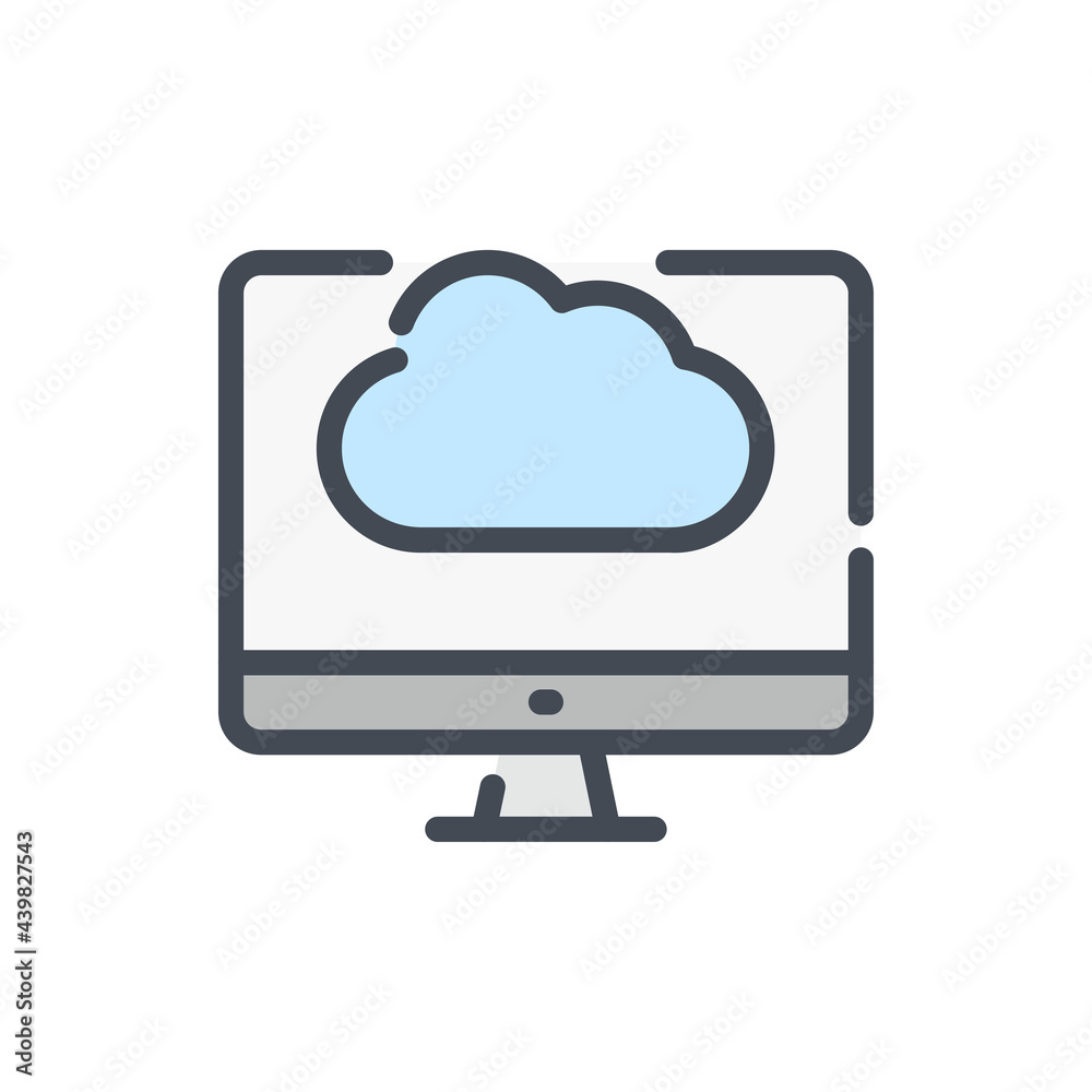 Poster cloud service and hosting color line icon. computer with cloud on monitor vector outline colorful si