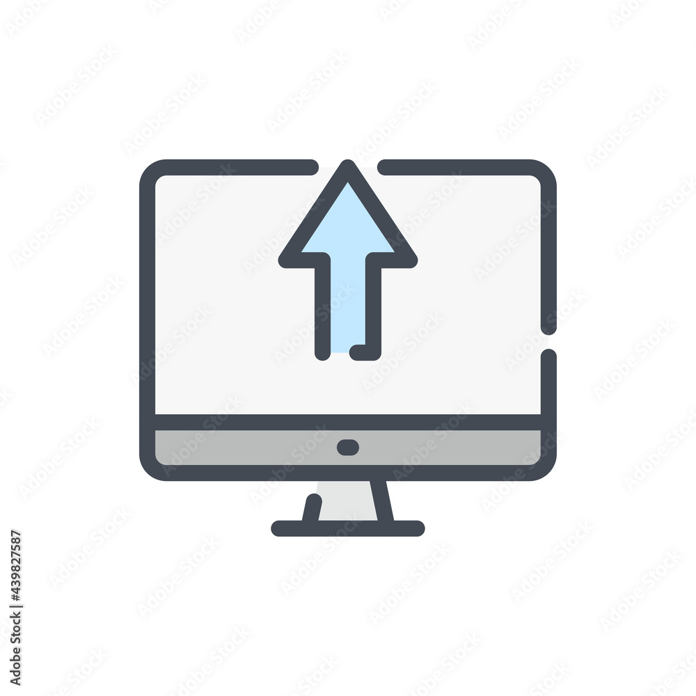 Poster upload to computer color line icon. pc with arrow up vector outline colorful sign.