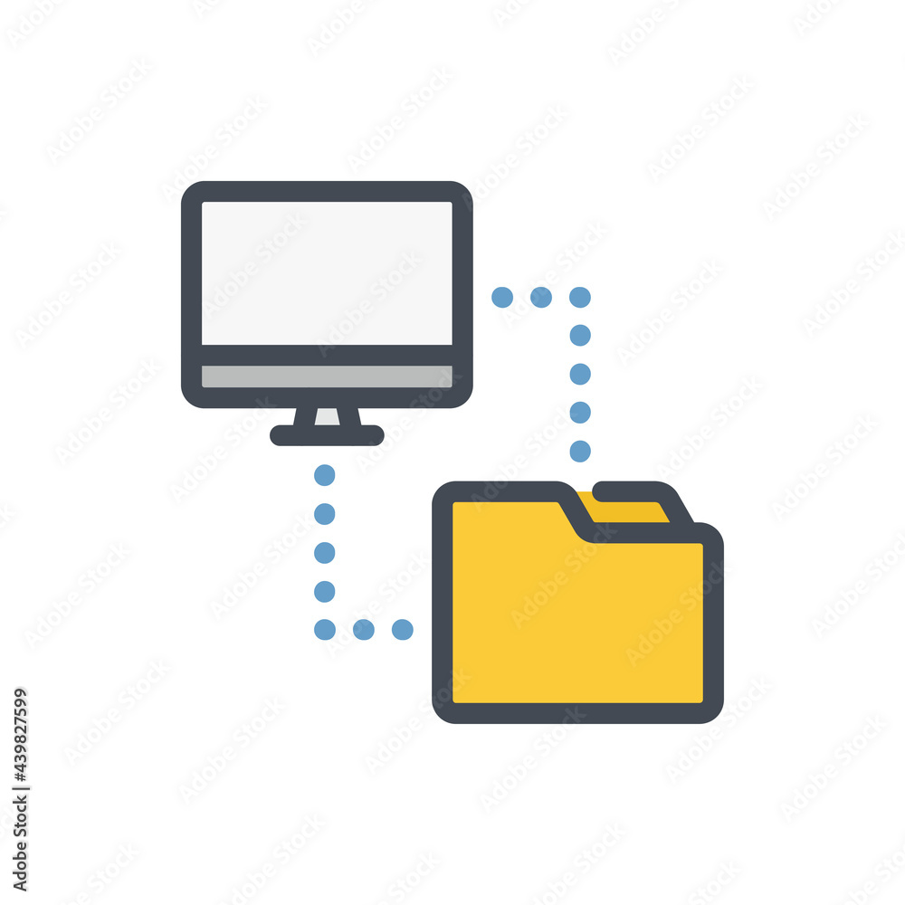 Fototapete Transfer data from computer to folder color line icon. Pc with connection to file folder vector outline colorful sign.