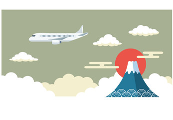 飛行機と富士山のイラスト素材